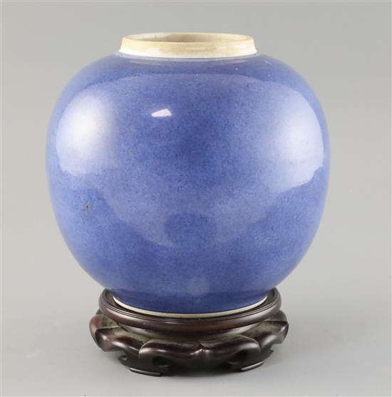 A Chinese powder blue globular jar, Kangxi period, H. 19cm, wood stand
